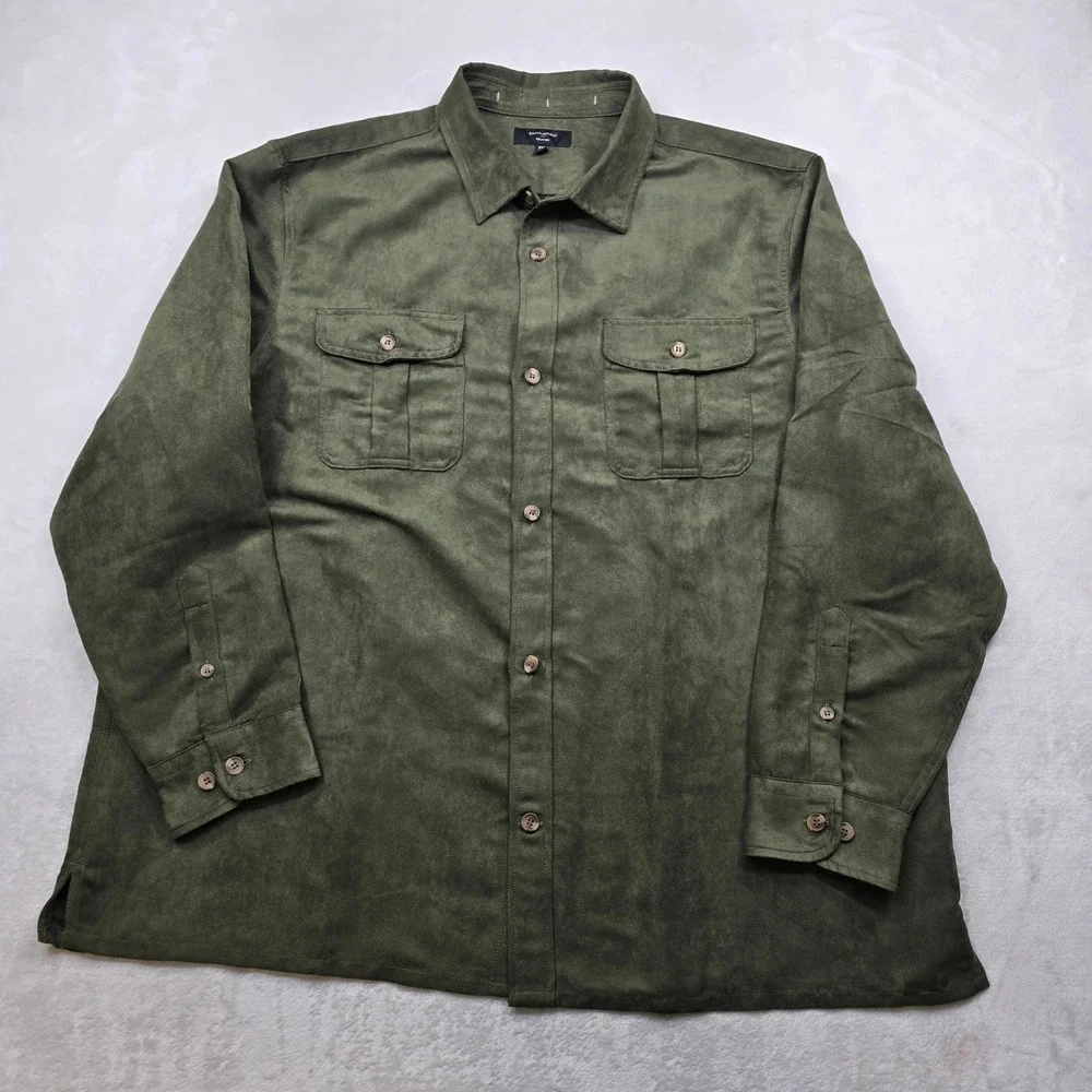 Banana Republic Faux Suede Shirt Men's 2XL Olive Green Long Sleeve‎ Relaxed Fit